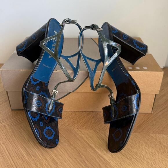 RARE Vintage Prada Blue Floral Chunky Women Heels - SZ 39 1/2 / US 9.5 - Picture 11 of 14